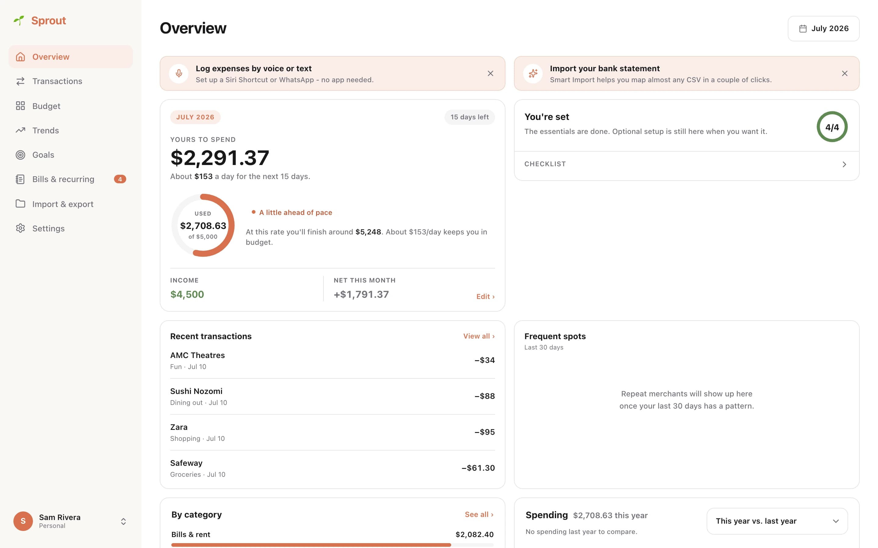 The Sprout dashboard: safe-to-spend, category budgets, spending trend and recent transactions